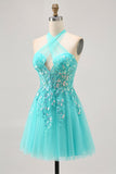 Halter Appliqued Tulle A Line Green Homecoming Dress with Sequins