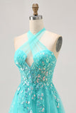 Halter Appliqued Tulle A Line Green Homecoming Dress with Sequins