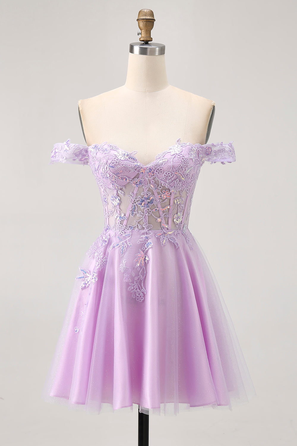 Lilac A-Line Corset Off The Shoulder Homecoming Dress With Appliques