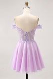 Lilac A-Line Corset Off The Shoulder Homecoming Dress With Appliques