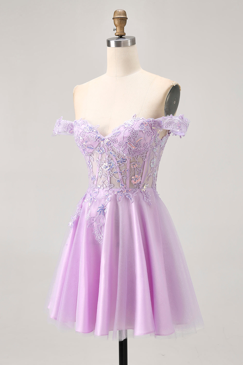 Lilac A-Line Corset Off The Shoulder Homecoming Dress With Appliques