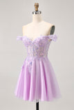 Lilac A-Line Corset Off The Shoulder Homecoming Dress With Appliques