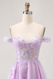Lilac A-Line Corset Off The Shoulder Homecoming Dress With Appliques