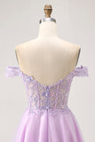 Lilac A-Line Corset Off The Shoulder Homecoming Dress With Appliques