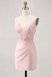 Blush Corset Bodycon Strapless Homecoming Dress with Appliques