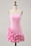 Strapless Bodycon Pink Homecoming Dress with 3D Flowers