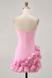 Strapless Bodycon Pink Homecoming Dress with 3D Flowers