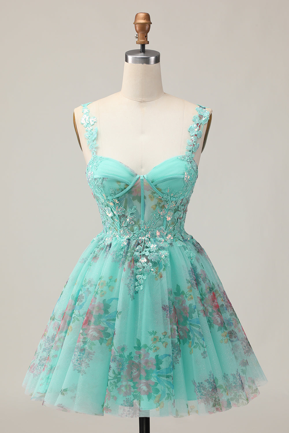 Floral A-Line Corset Green Homecoming Dress with Appliques