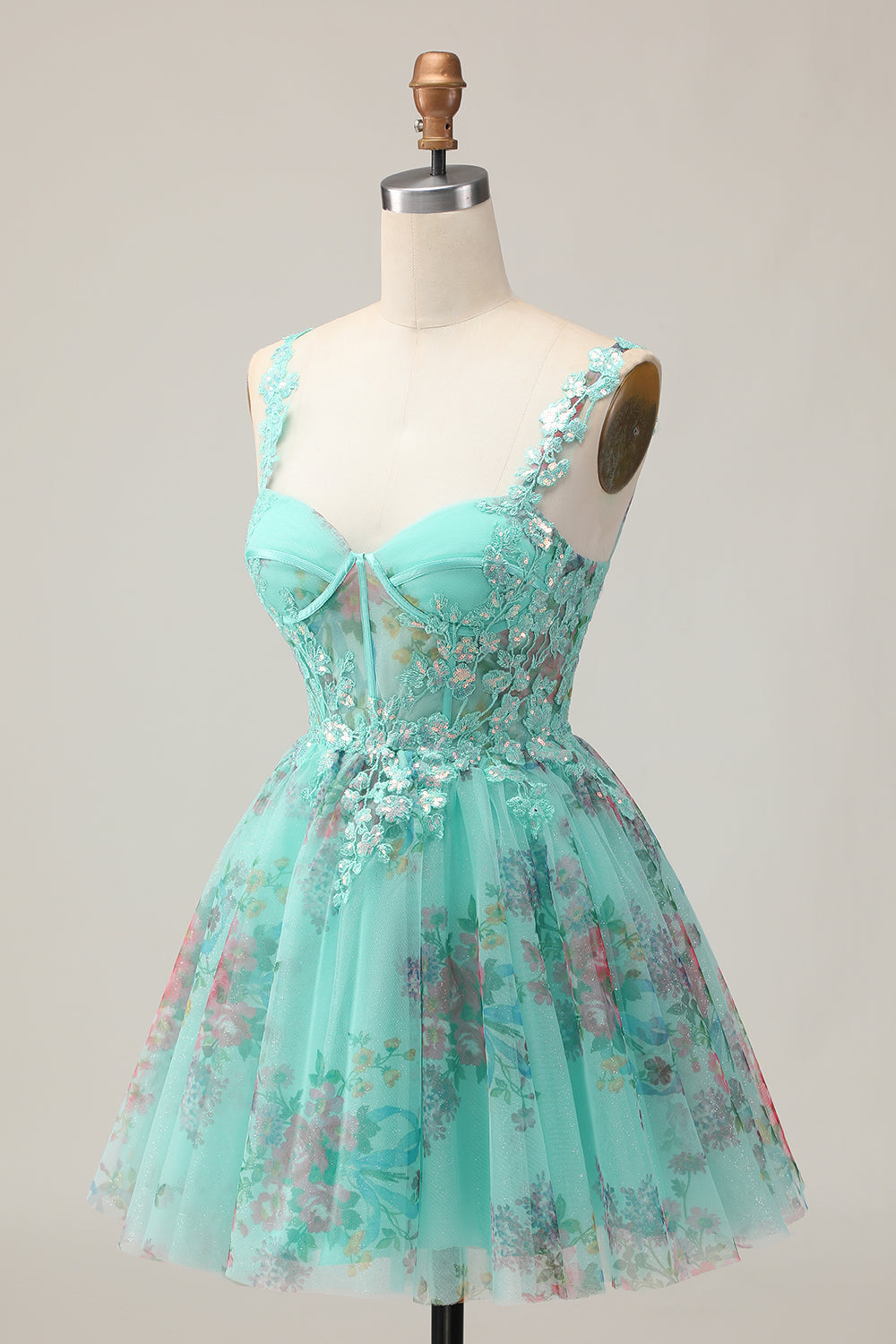 Floral A-Line Corset Green Homecoming Dress with Appliques