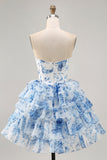 White Blue Flower Printed A-Line Strapless Homecoming Dress with Sequins