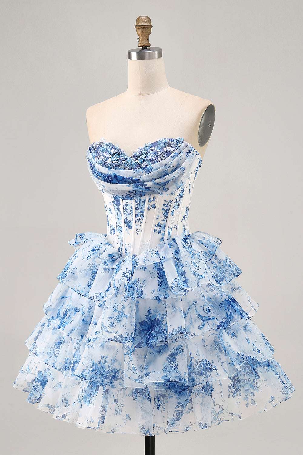 White Blue Flower Printed A-Line Strapless Homecoming Dress with Sequins