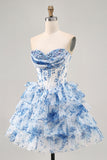 White Blue Flower Printed A-Line Strapless Homecoming Dress with Sequins