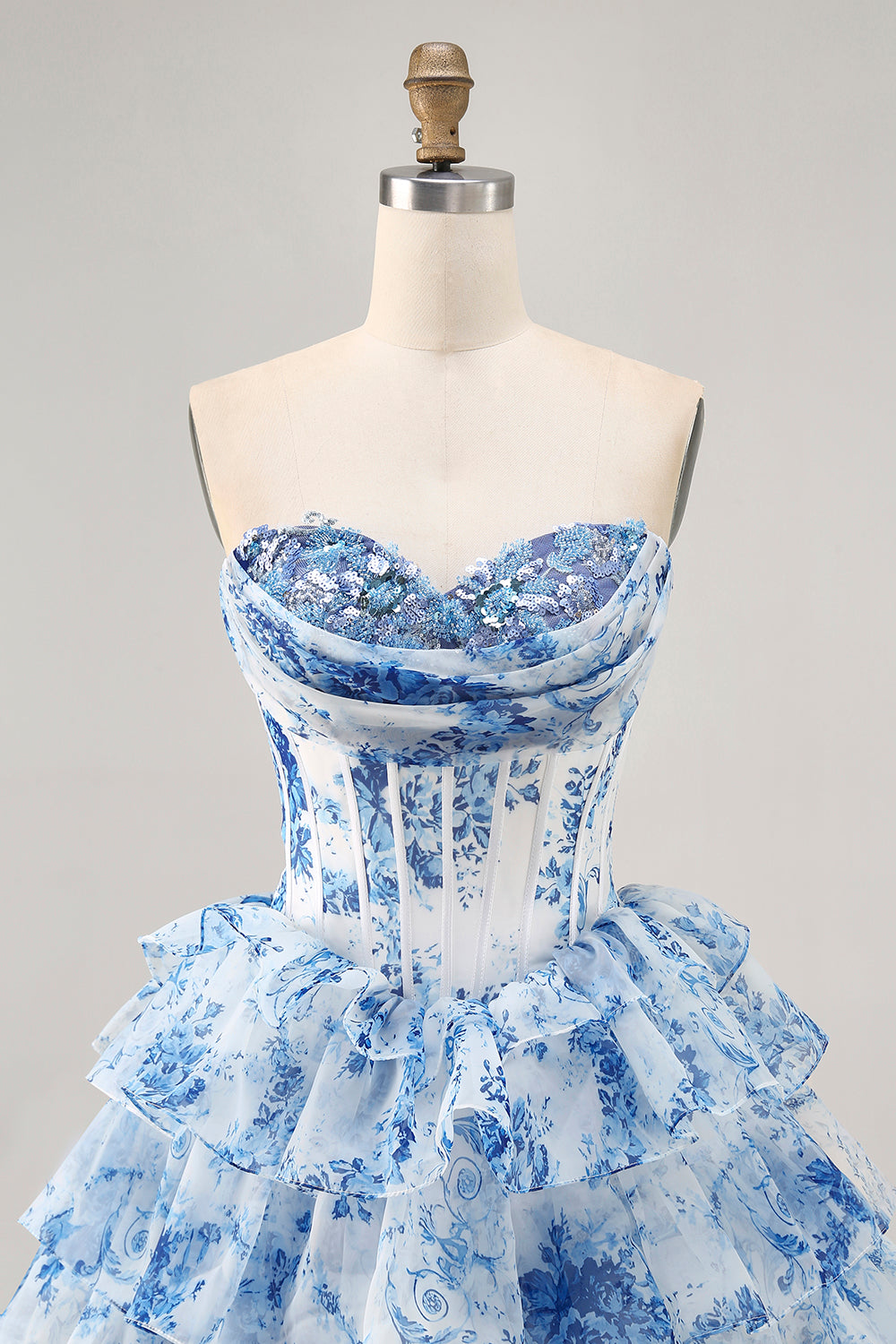 White Blue Flower Printed A-Line Strapless Homecoming Dress with Sequins