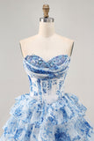 White Blue Flower Printed A-Line Strapless Homecoming Dress with Sequins