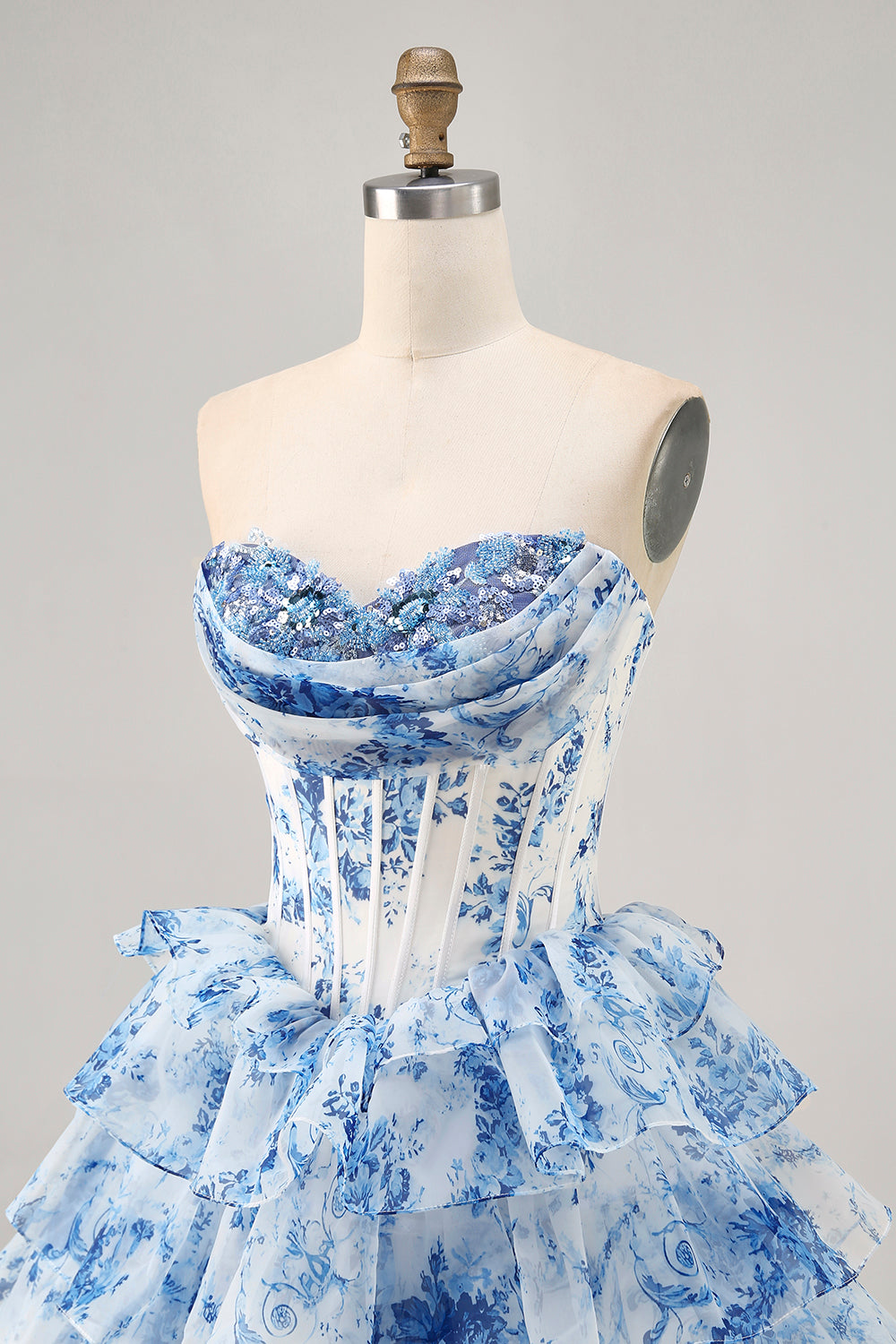 White Blue Flower Printed A-Line Strapless Homecoming Dress with Sequins