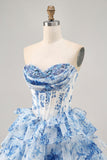 White Blue Flower Printed A-Line Strapless Homecoming Dress with Sequins