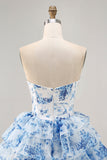 White Blue Flower Printed A-Line Strapless Homecoming Dress with Sequins