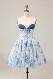 White Blue Flower Printed A-Line Strapless Homecoming Dress with Beading