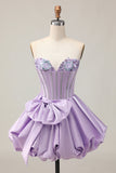 Cute Purple A Line Corset Beaded Strapless Homecoming Dress with Bow