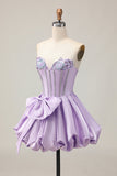 Cute Purple A Line Corset Beaded Strapless Homecoming Dress with Bow