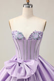Cute Purple A Line Corset Beaded Strapless Homecoming Dress with Bow