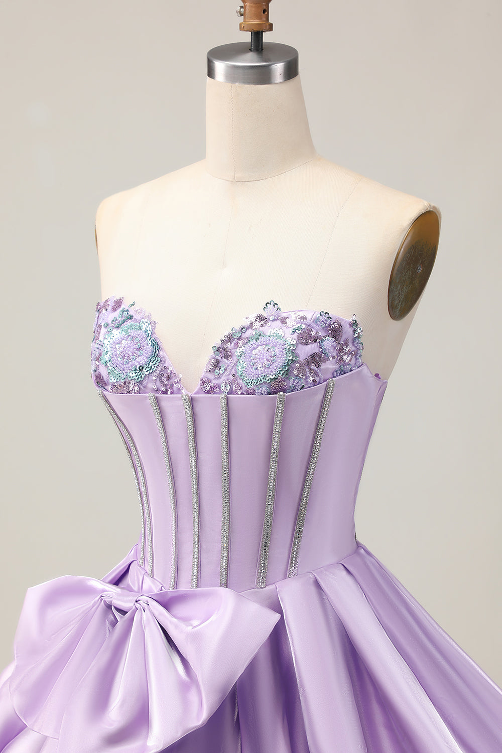 Cute Purple A Line Corset Beaded Strapless Homecoming Dress with Bow