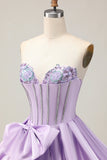 Cute Purple A Line Corset Beaded Strapless Homecoming Dress with Bow