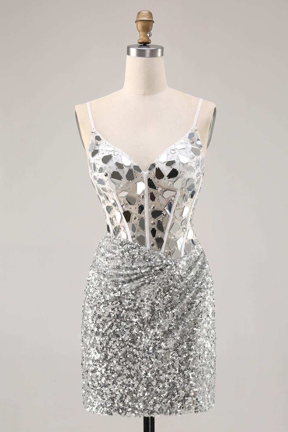 Silver Sequin Corset Homecoming Dress with Mirrors