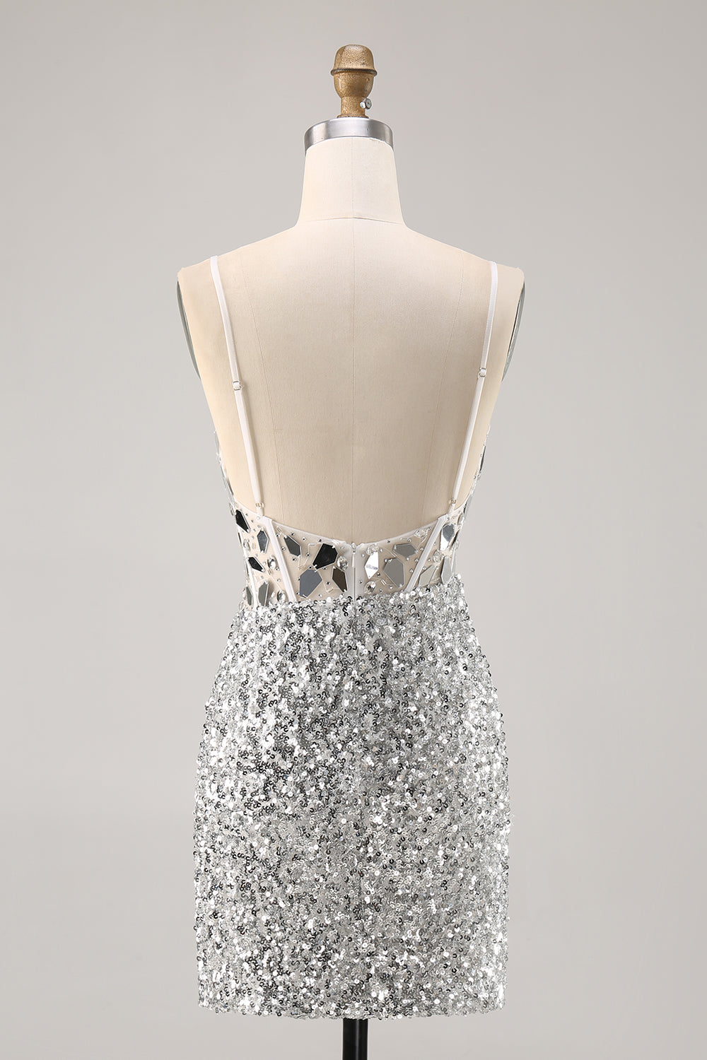 Silver Sequin Corset Homecoming Dress with Mirrors