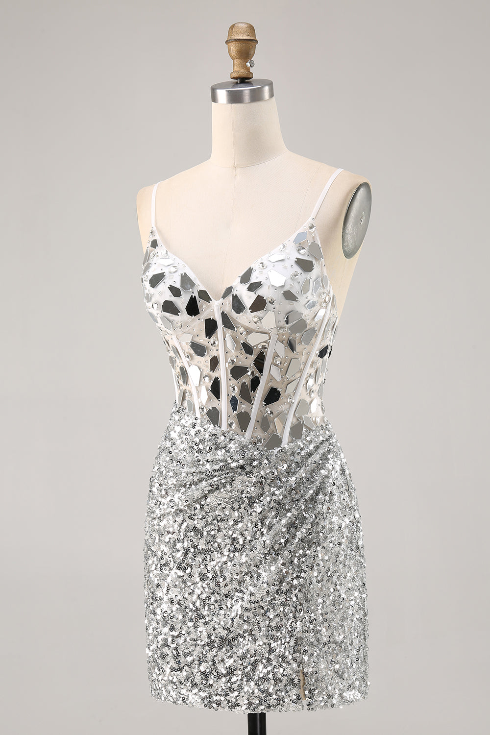 Silver Sequin Corset Homecoming Dress with Mirrors
