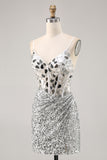 Silver Sequin Corset Homecoming Dress with Mirrors