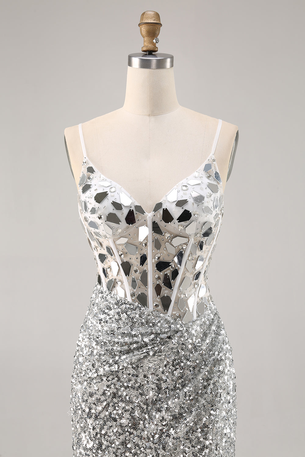 Silver Sequin Corset Homecoming Dress with Mirrors