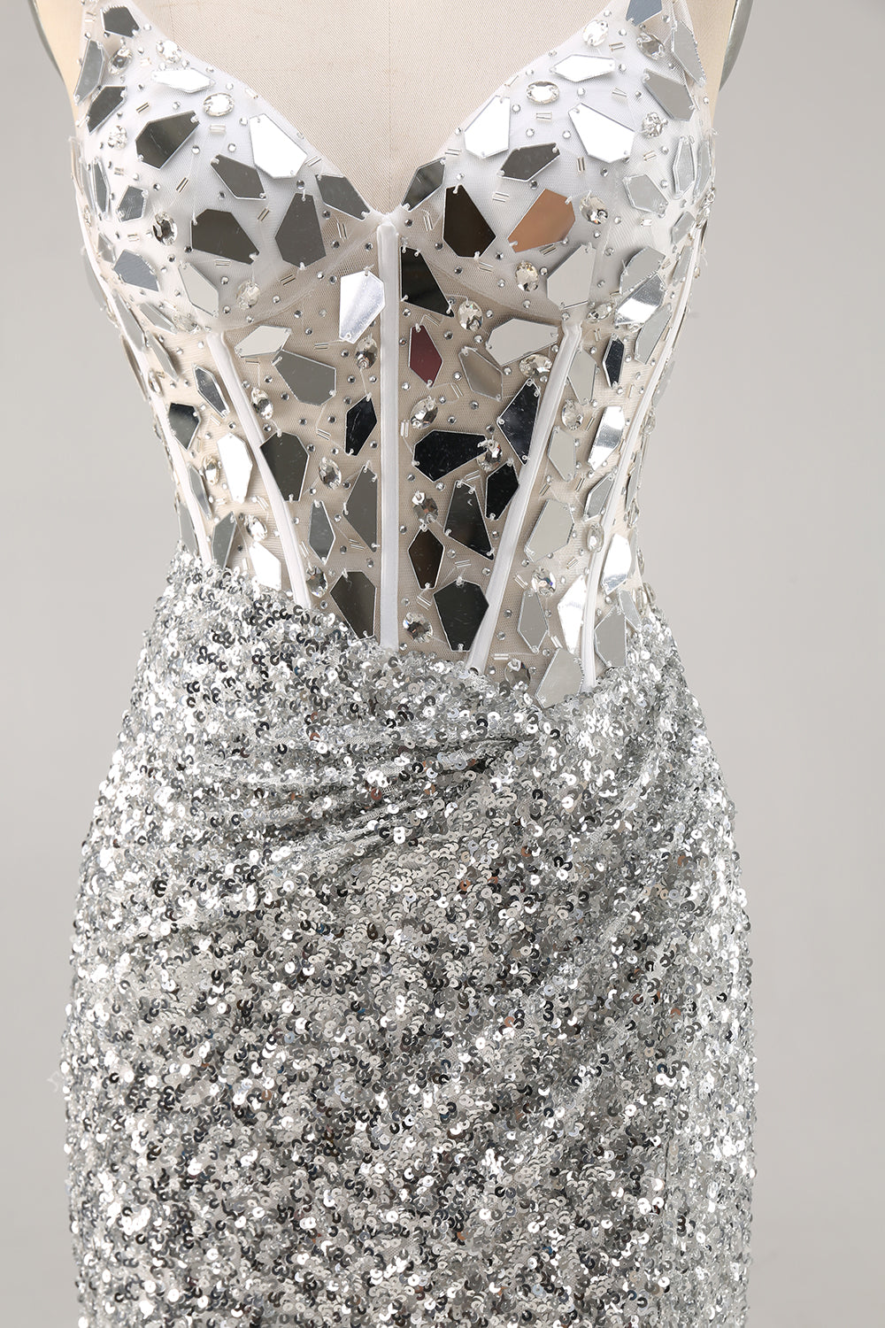 Silver Sequin Corset Homecoming Dress with Mirrors