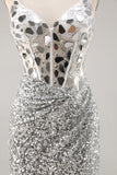 Silver Sequin Corset Homecoming Dress with Mirrors