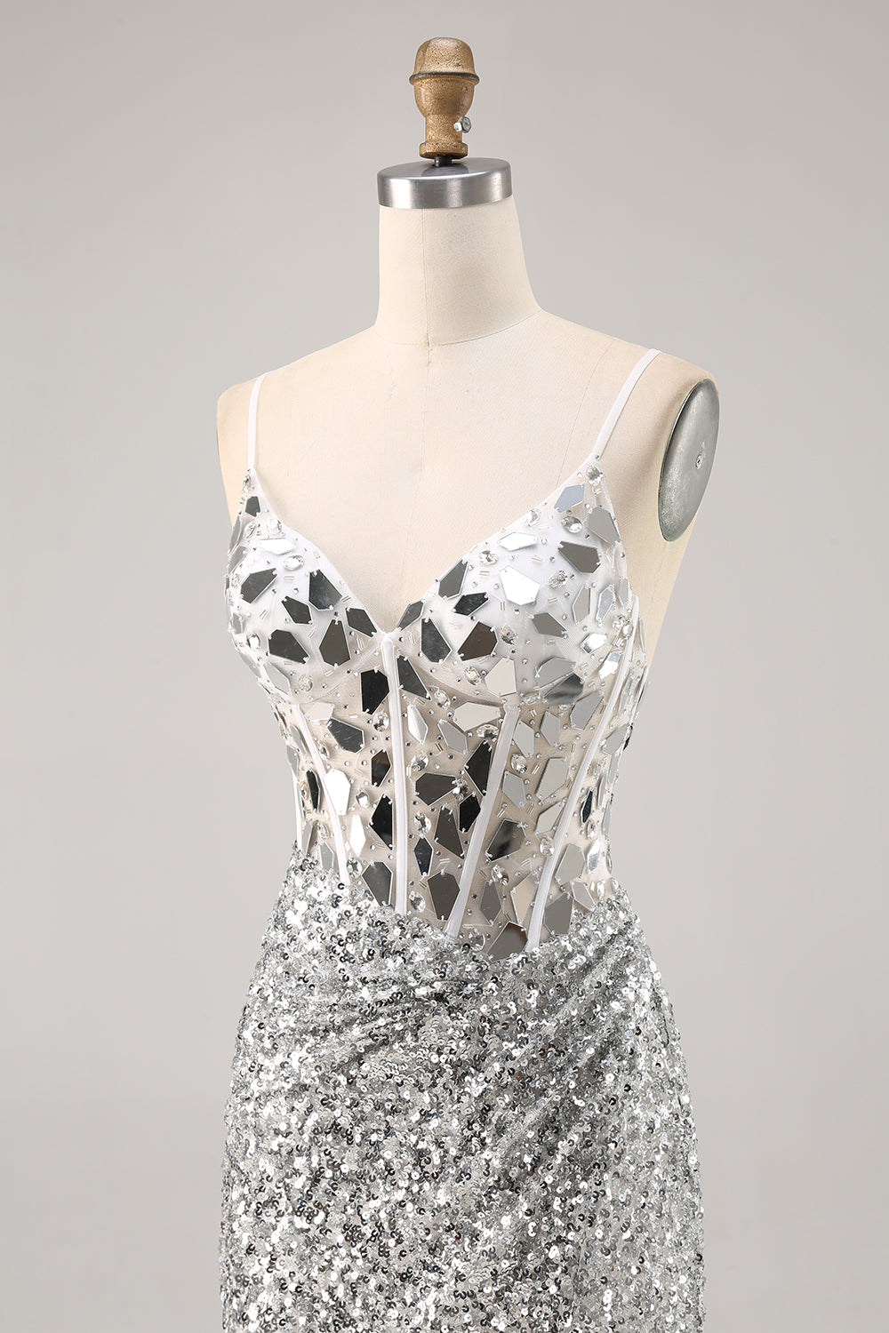 Silver Sequin Corset Homecoming Dress with Mirrors