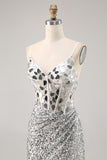 Silver Sequin Corset Homecoming Dress with Mirrors