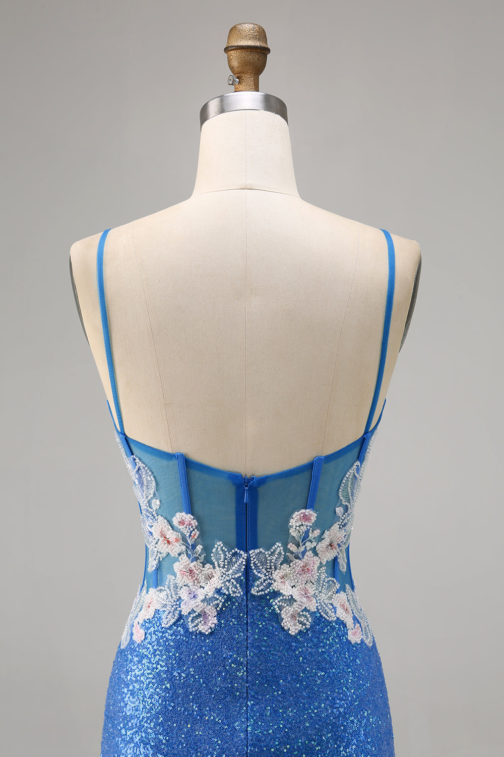 Floral Blue Sequin Tight Homecoming Dress with Slit