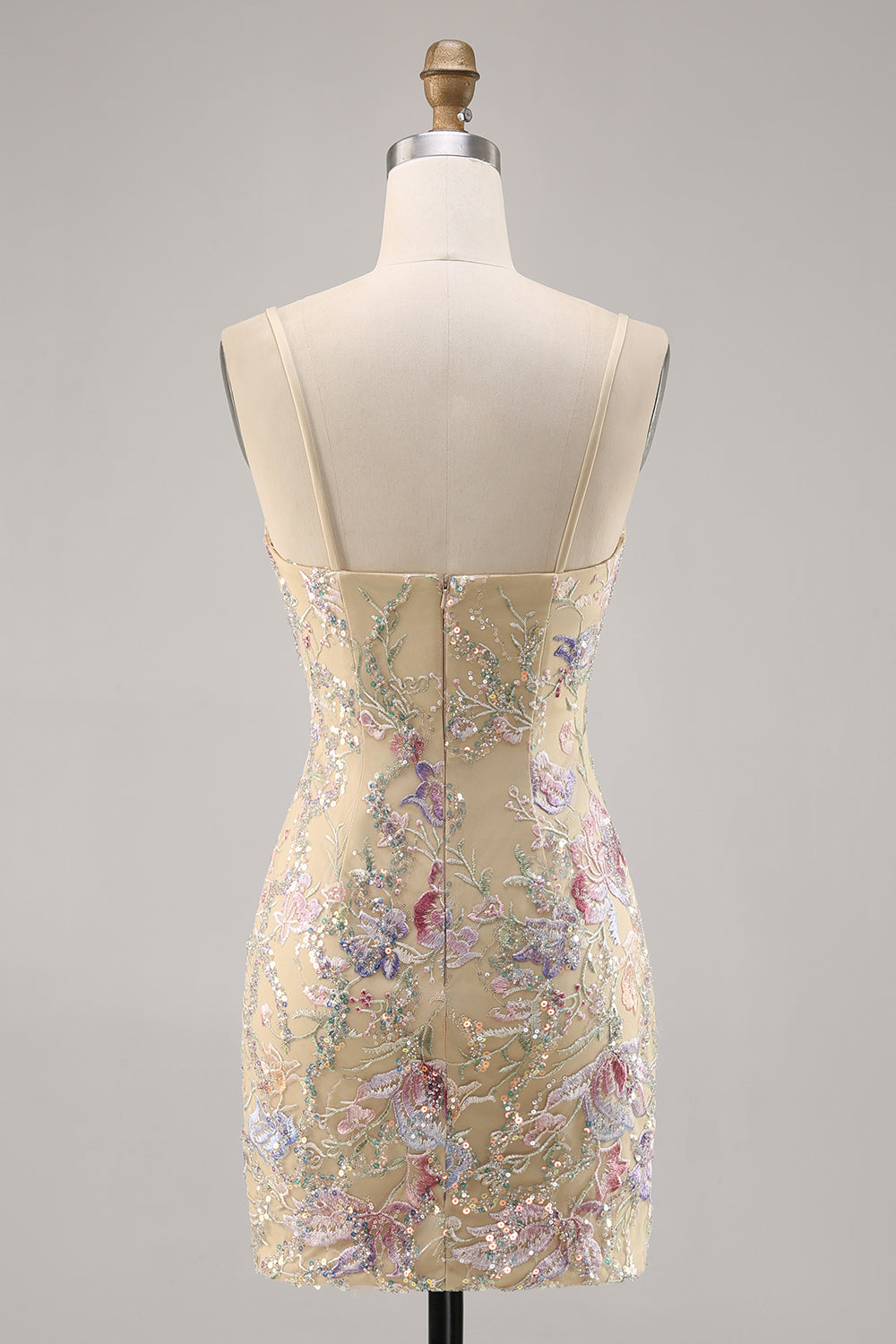 Bodycon Apricot Spaghetti Straps Embroidered Homecoming Dress