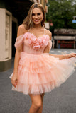 Blush A-Line Cold Shoulder Corset Homecoming Dress with 3D Flowers