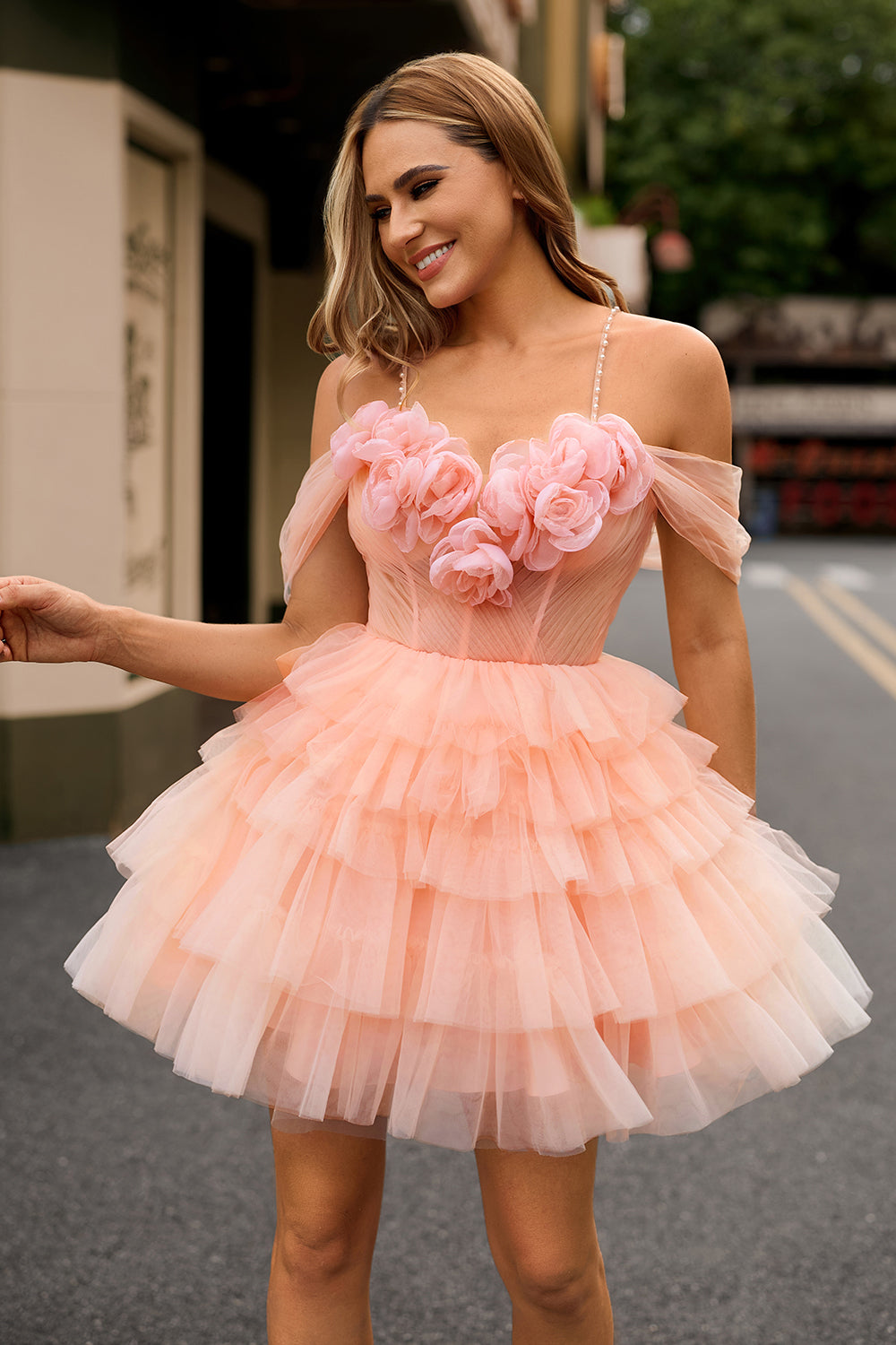 Blush A-Line Cold Shoulder Corset Homecoming Dress with 3D Flowers