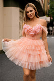 Blush A-Line Cold Shoulder Corset Homecoming Dress with 3D Flowers