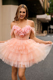 Blush A-Line Cold Shoulder Corset Homecoming Dress with 3D Flowers