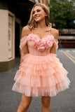 Blush A-Line Cold Shoulder Corset Homecoming Dress with 3D Flowers