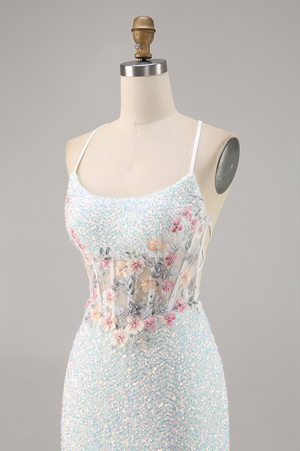 White Appliqued Corset Homecoming Dress with Sequins