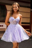 Purple Spaghetti Straps A-Line Homecoming Dress with Appliques