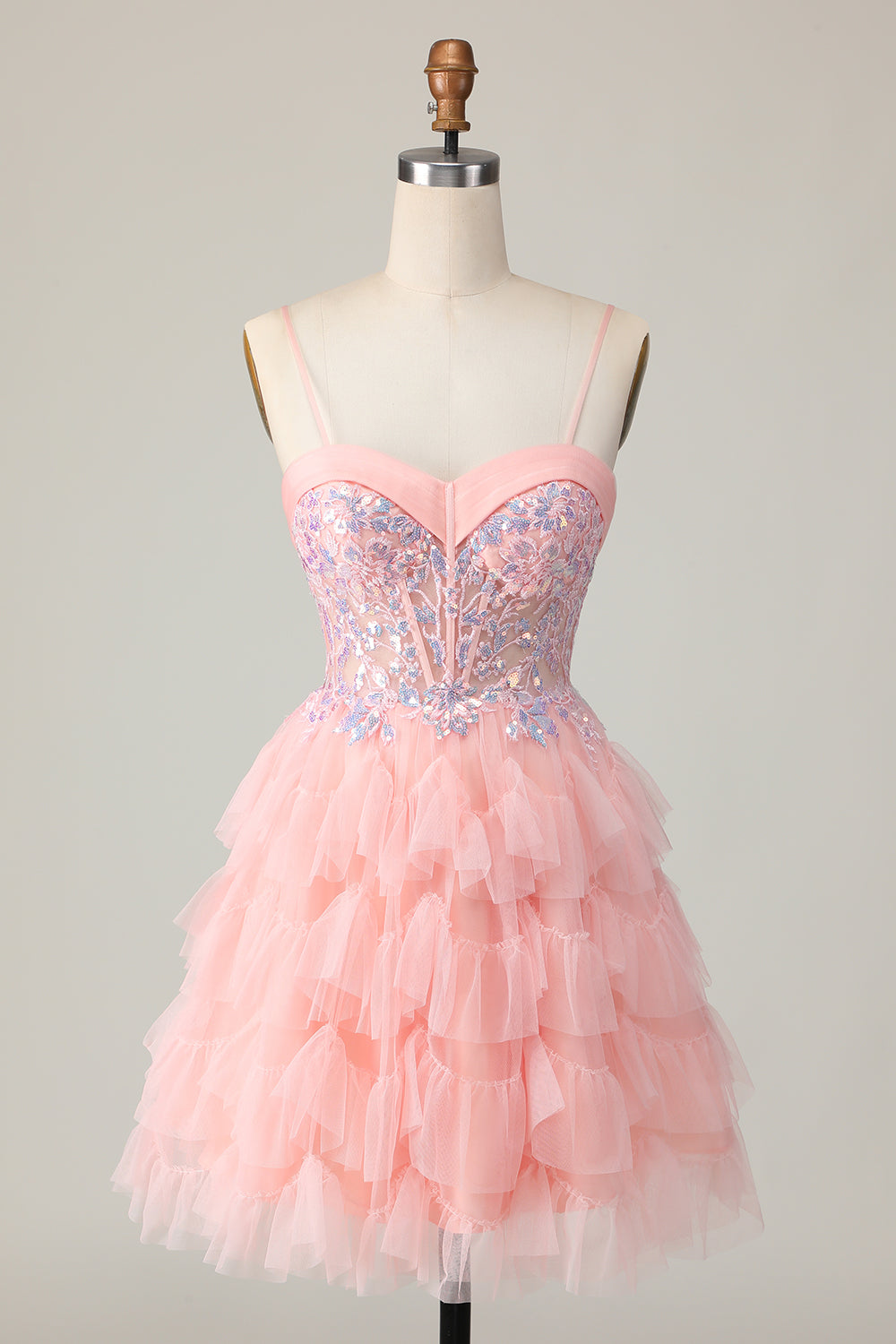 Corset A-Line Tiered Pink Homecoming Dress With Appliques