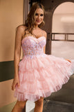 Corset A-Line Tiered Pink Homecoming Dress With Appliques