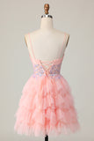Corset A-Line Tiered Pink Homecoming Dress With Appliques