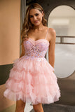 Corset A-Line Tiered Pink Homecoming Dress With Appliques