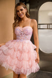 Corset A-Line Tiered Pink Homecoming Dress With Appliques